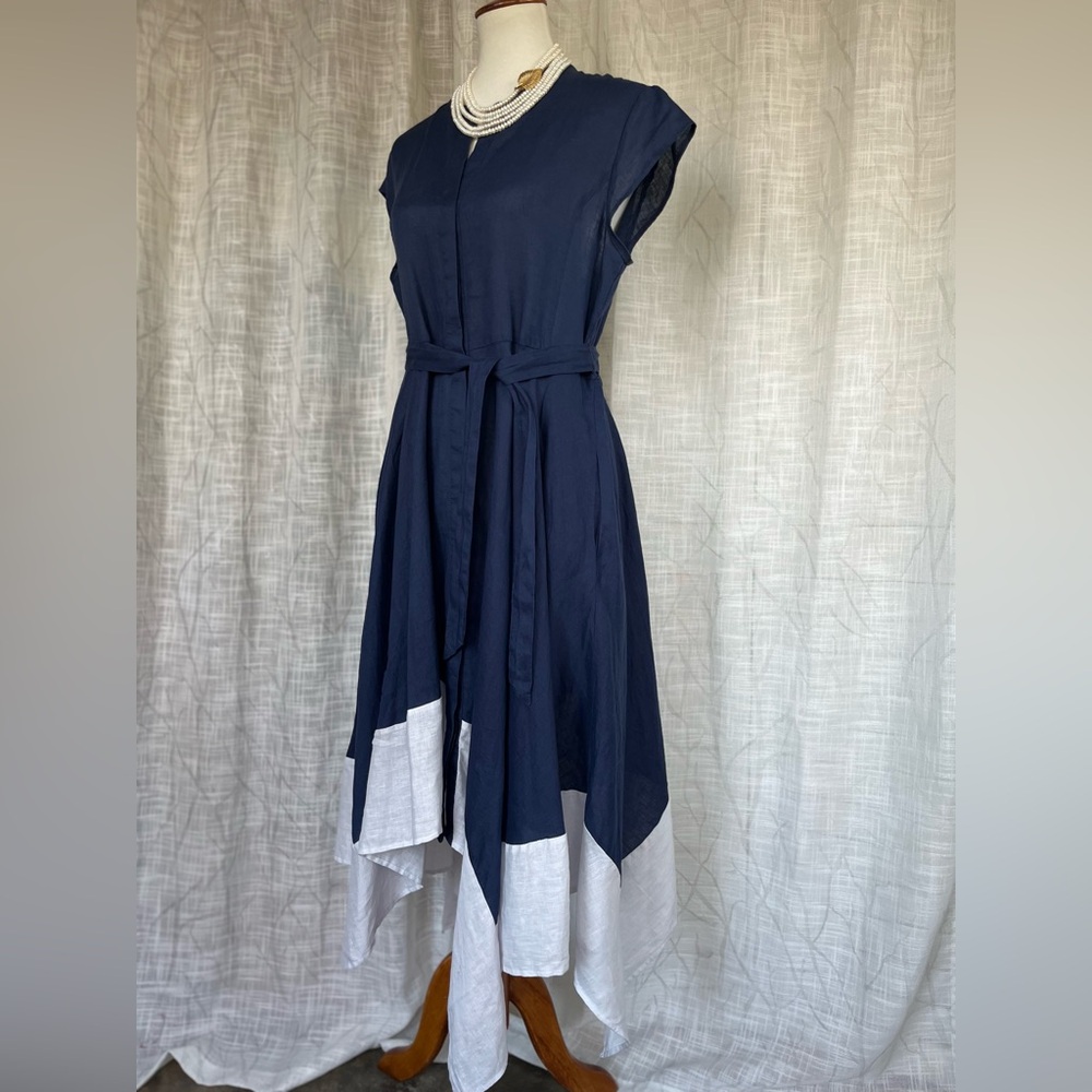DKNY pure Asymmetrical Navy and White Linen Dress - Picture 3 of 14